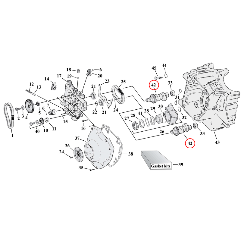 Cam Drive / Cover Parts Diagram Exploded View for Harley Twin Cam 42) Camshaft, see camshaft category.