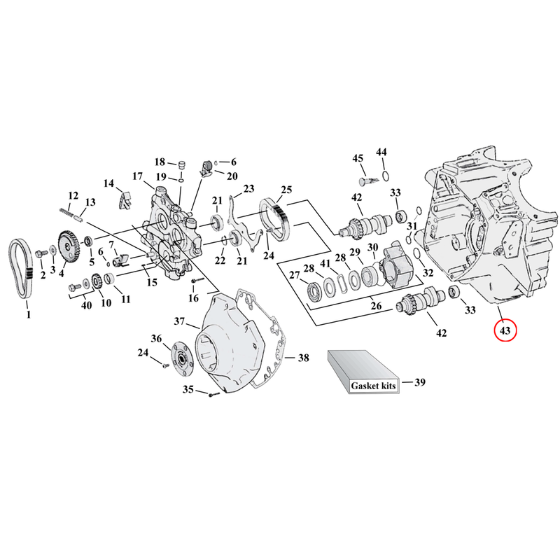 Cam Drive / Cover Parts Diagram Exploded View for Harley Twin Cam 43) Crankcase, see crankcase category.