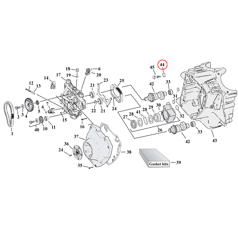 Cam Drive / Cover Parts Diagram Exploded View for Harley Twin Cam 44) 99-06 TCA/B. James o-ring, crankcase to cam support. Replaces OEM: 11301