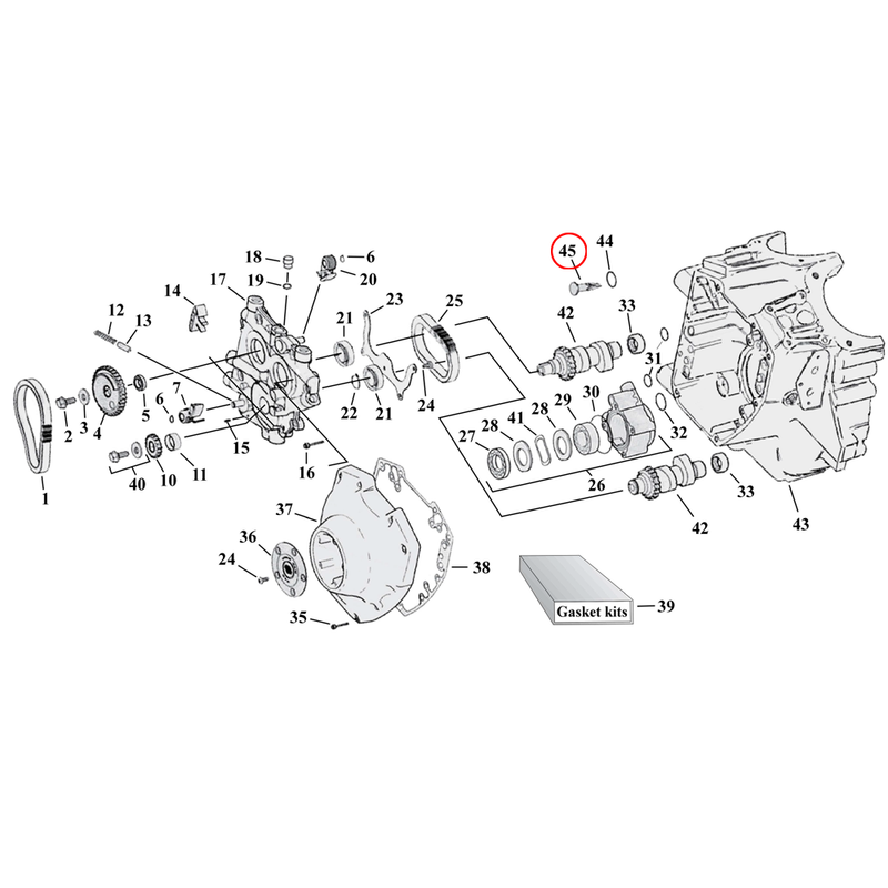 Cam Drive / Cover Parts Diagram Exploded View for Harley Twin Cam 45) 00-17 TCB. Oil screen. Replaces OEM: 24983-00