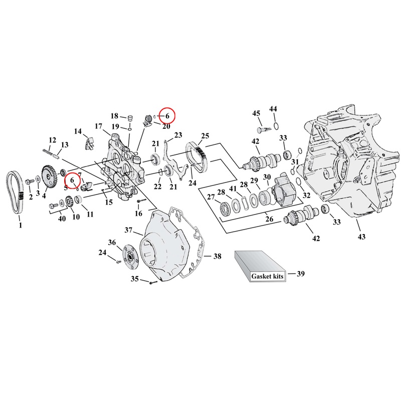 Cam Drive / Cover Parts Diagram Exploded View for Harley Twin Cam 6) 99-06 TCA/B (excl. 2006 Dyna). Retaing ring, cam chain tensioner. Replaces OEM: 11031