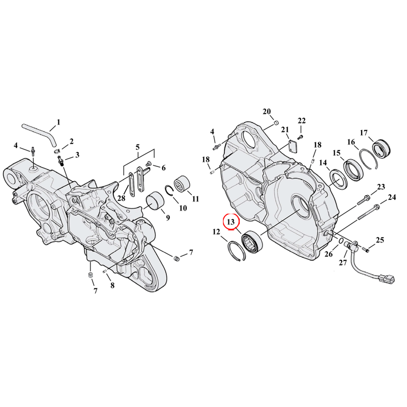 Crankcase Parts Diagram Exploded View for 04-22 Harley Sportster 13) 04-22 XL & XR1200. Bearing, sprocket shaft. Replaces OEM: 24604-00D & 24605-07