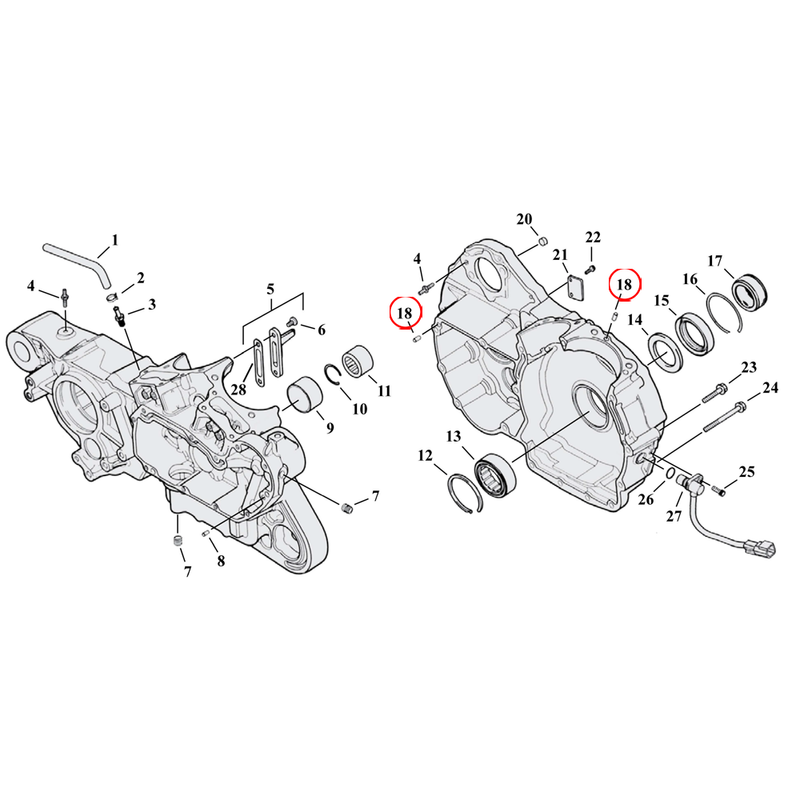 Crankcase Parts Diagram Exploded View for 04-22 Harley Sportster 18) 79-22 XL & XR1200. S&S dowel pin, case to case. Standard 0.250" diameter x .50" long. Replaces OEM: 358
