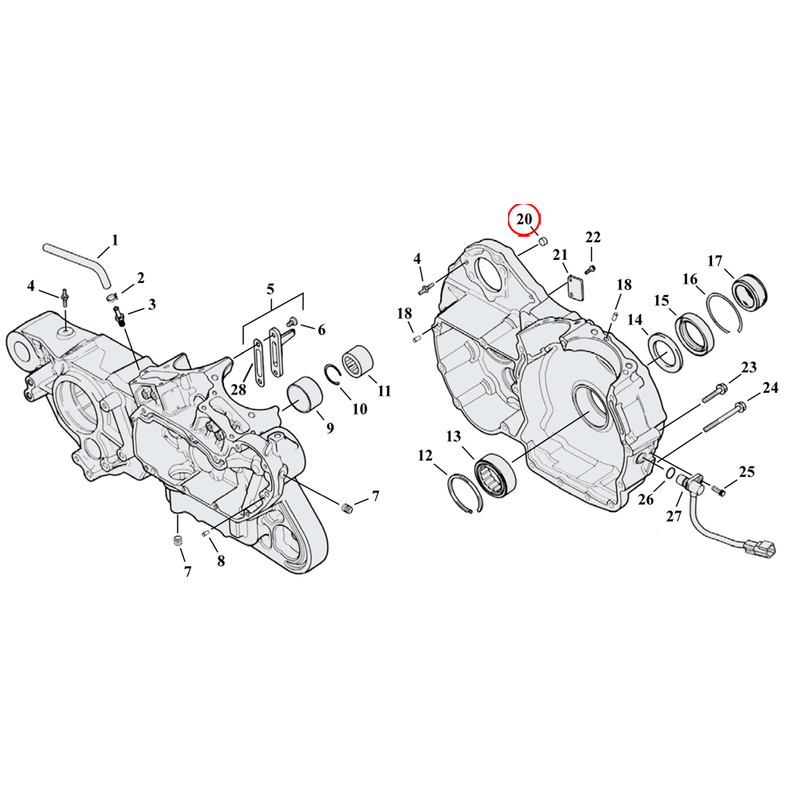 Crankcase Parts Diagram Exploded View for 04-22 Harley Sportster 20) 04-22 XL & XR1200. S&S, dowel pin. Replaces OEM: 24754-75A