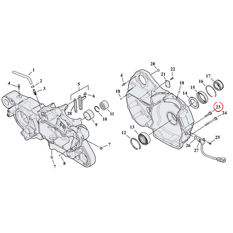 Crankcase Parts Diagram Exploded View for 04-22 Harley Sportster 23) 04-22 XL & XR1200. Screw, crankcase.