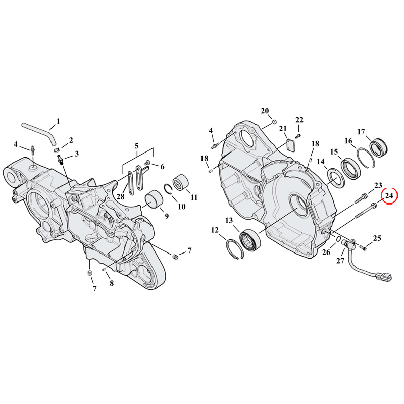 Crankcase Parts Diagram Exploded View for 04-22 Harley Sportster 24) 04-22 XL & XR1200. Screw, crankcase.