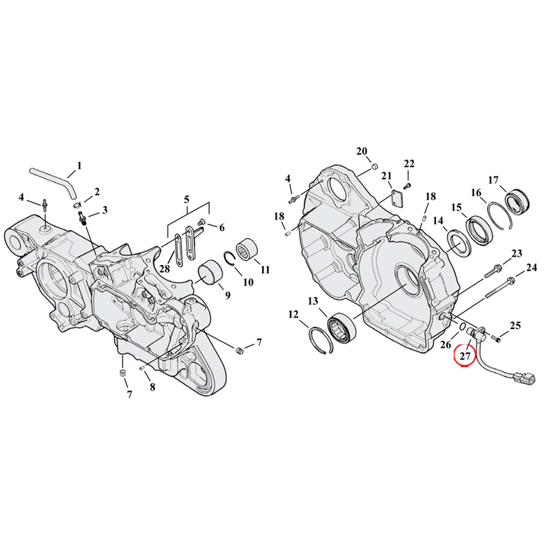 Crankcase Parts Diagram Exploded View for 04-22 Harley Sportster 27) 06-22 XL & XR1200. Sensor, crankshaft position. S&S. With extra long 48" wires, also fits S&S IST ignition. Replaces OEM: 32707-01C