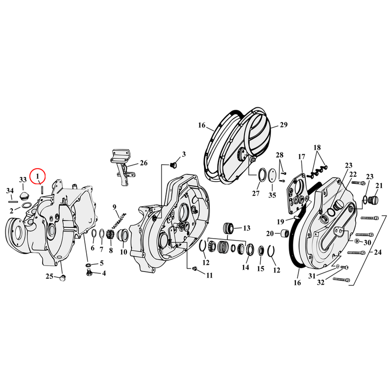 Crankcase Parts Diagram Exploded View for 54-76 Harley Sportster 1) 54-71 K, XL. Cylinder base studs (set of 5). Replaces OEM: 16830-54