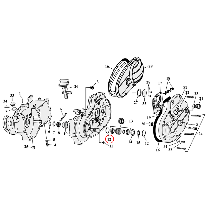 Crankcase Parts Diagram Exploded View for 54-76 Harley Sportster 12) 52-76 K, XL. Retaining ring, sprocket shaft bearing. Replaces OEM: 24701-52