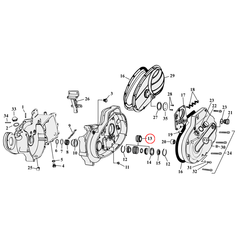 Crankcase Parts Diagram Exploded View for 54-76 Harley Sportster 13) 52-76 K, XL. Bearing, sprocket shaft. Replaces OEM: 24729-52