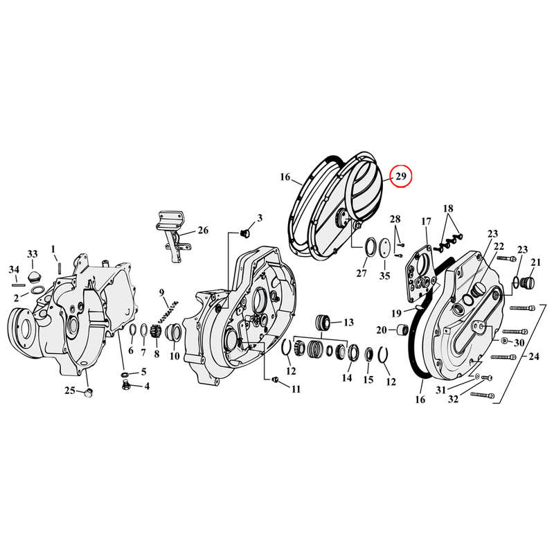 Crankcase Parts Diagram Exploded View for 54-76 Harley Sportster 29) 58-69 XLCH. Paughco primary housing, chrome. Replaces OEM: 34949-64