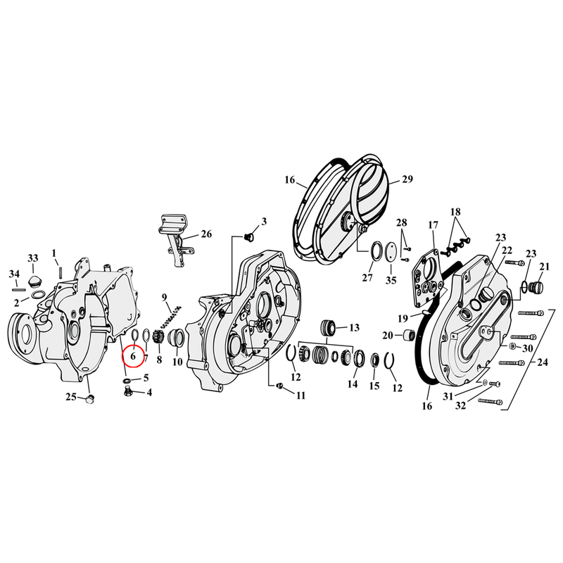 Crankcase Parts Diagram Exploded View for 54-76 Harley Sportster 6) 54-76 K, XL. Retaining ring, pinion shaft bearing. Replaces OEM: 24701-54