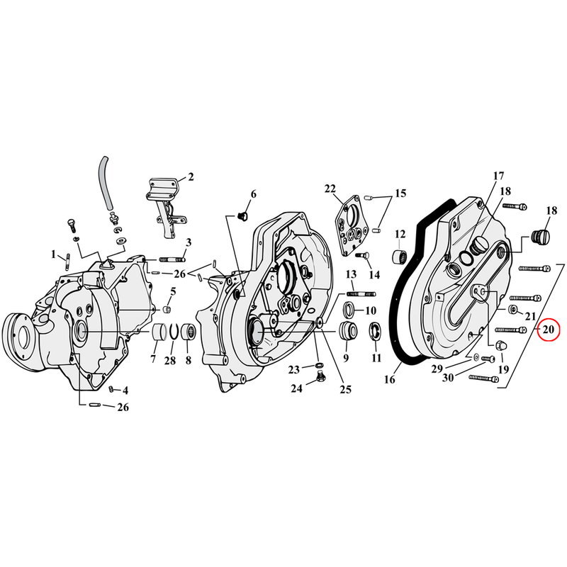 Crankcase Parts Diagram Exploded View for 77-90 Harley Sportster 20) 77-85 XL. Primary cover allen screw kit
