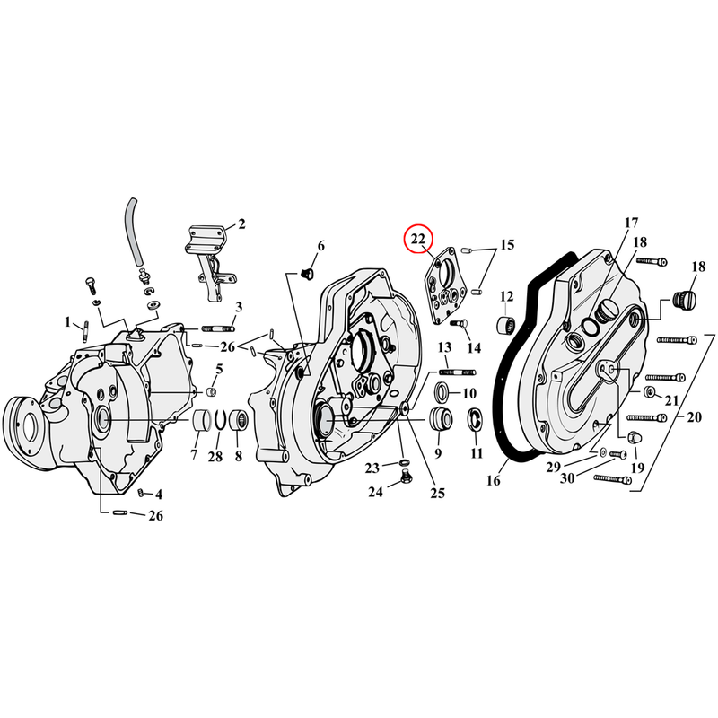 Crankcase Parts Diagram Exploded View for 77-90 Harley Sportster 22) 57-E84 XL. Transmission door. Replaces OEM: 34844-57B