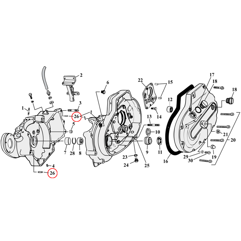 Crankcase Parts Diagram Exploded View for 77-90 Harley Sportster 23) 79-03 XL (case to case) & 86-03 XL (cylinder to case). S&S dowel pin. Standard 0.250" diameter x .50" long Replaces OEM: 358