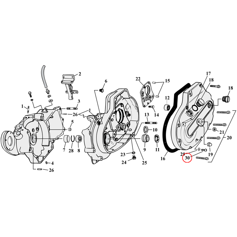 Crankcase Parts Diagram Exploded View for 77-90 Harley Sportster 30) 54-70 K, XL. Screw, oil level check (set of 25). Replaces OEM: 3728