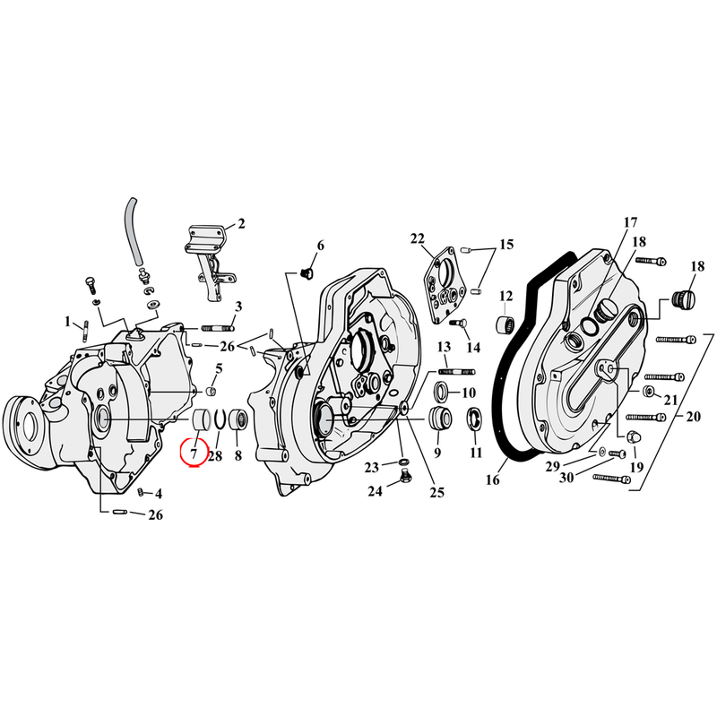 Crankcase Parts Diagram Exploded View for 77-90 Harley Sportster 7) 87-22 XL & XR1200. S&S bearing race, pinion. Replaces OEM: 8881