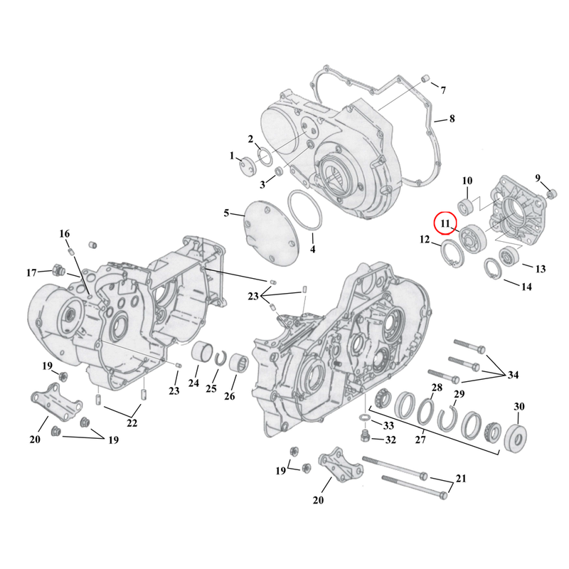 Crankcase Parts Diagram Exploded View for 91-03 Harley Sportster 11) 91-16 XL & XR1200 Bearing, transmission. Replaces OEM: 35030-89