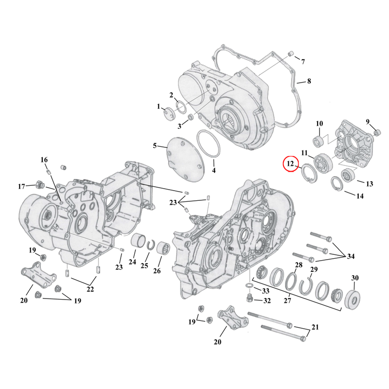 Crankcase Parts Diagram Exploded View for 91-03 Harley Sportster 12) 91-16 XL & XR1200. Retaining ring, transmission bearing. Replaces OEM: 35038-89