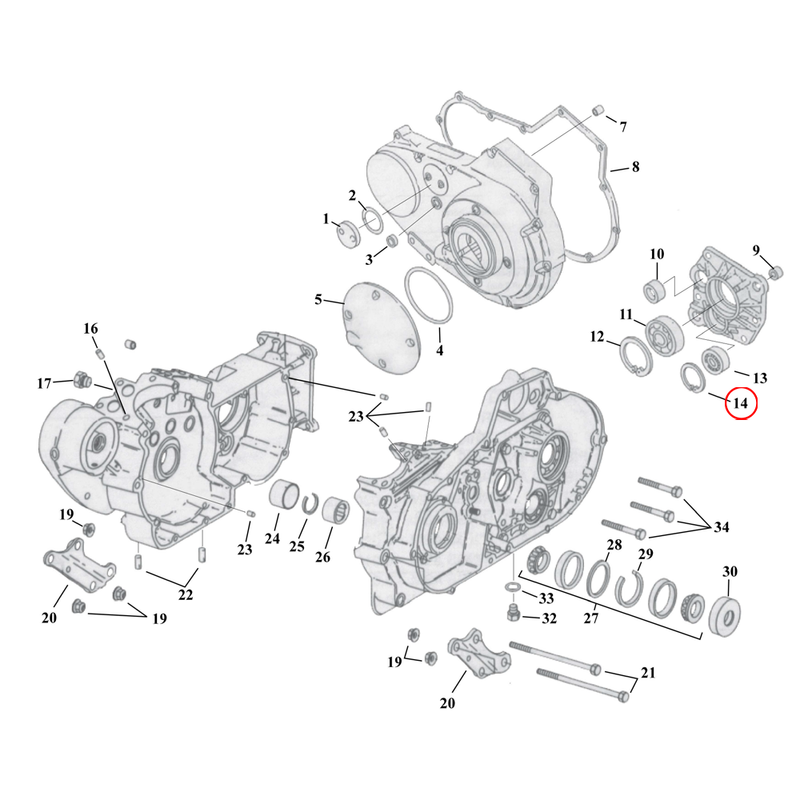 Crankcase Parts Diagram Exploded View for 91-03 Harley Sportster 14) 91-05 XL. Retaining ring, transmission bearing. Replaces OEM: 35021-89