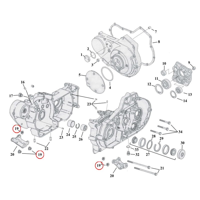 Crankcase Parts Diagram Exploded View for 91-03 Harley Sportster 19) L84-98 XL. Nut, motor mount bolt. Replaces OEM: 7780