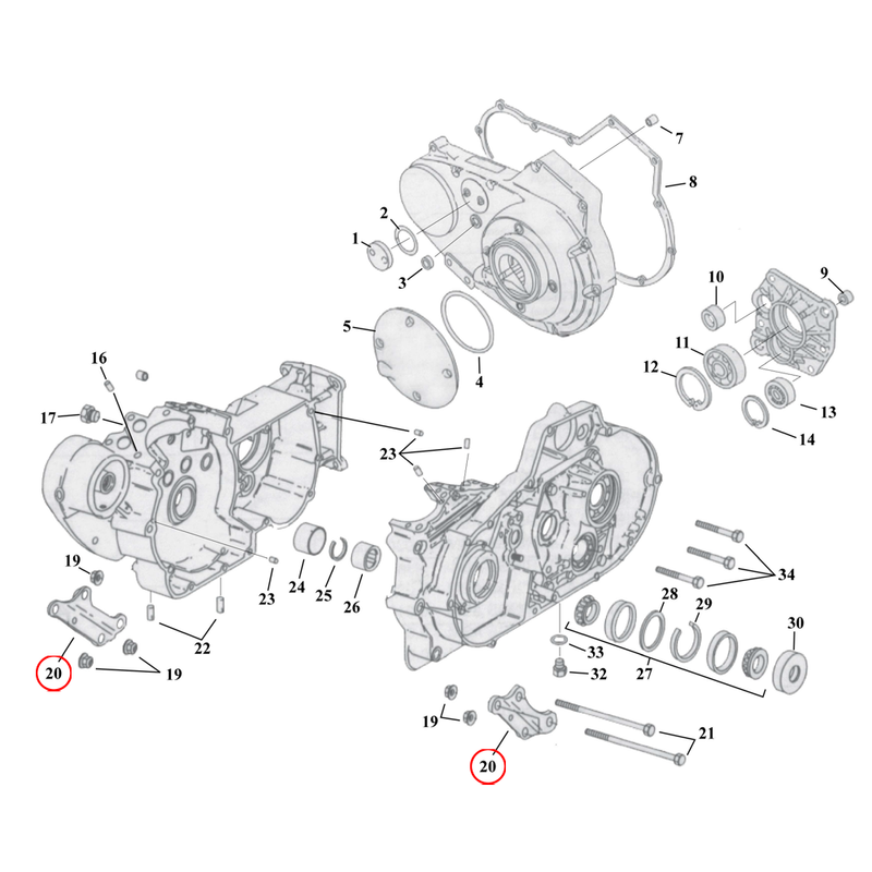 Crankcase Parts Diagram Exploded View for 91-03 Harley Sportster 20) L84-03 XL (excl. 99-03 883C, 1200C). Motor mount plate set (set of 2). Replaces OEM: 16210-84A, 16212-84A, 16236-89T