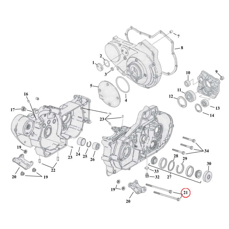 Crankcase Parts Diagram Exploded View for 91-03 Harley Sportster 21) 52-98 K, XL. Bolt, motor mount long. Replaces OEM: 16235-52A