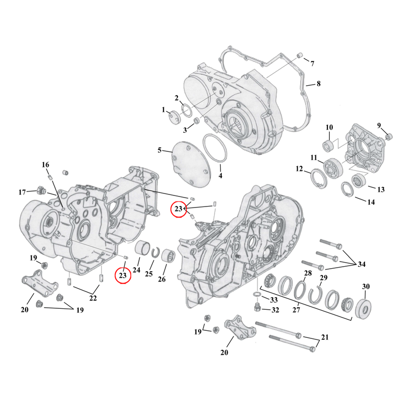 Crankcase Parts Diagram Exploded View for 91-03 Harley Sportster 23) 79-03 XL (case to case) & 86-03 XL (cylinder to case). S&S dowel pin. Standard 0.250" diameter x .50" long Replaces OEM: 358