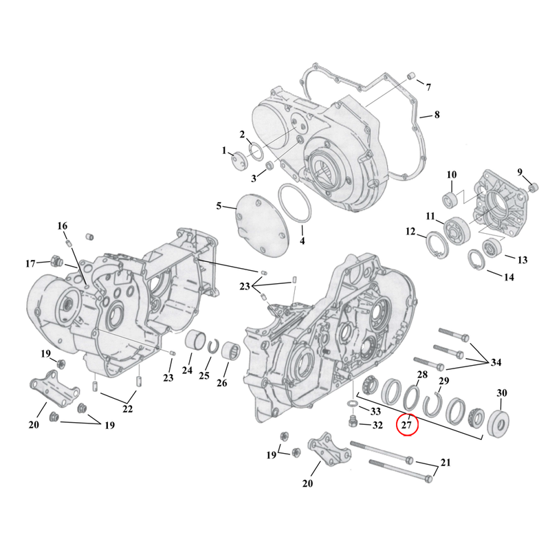 Crankcase Parts Diagram Exploded View for 91-03 Harley Sportster 27) 77-03 XL. Bearing assembly, sprocket shaft. Replaces OEM: 24729-74