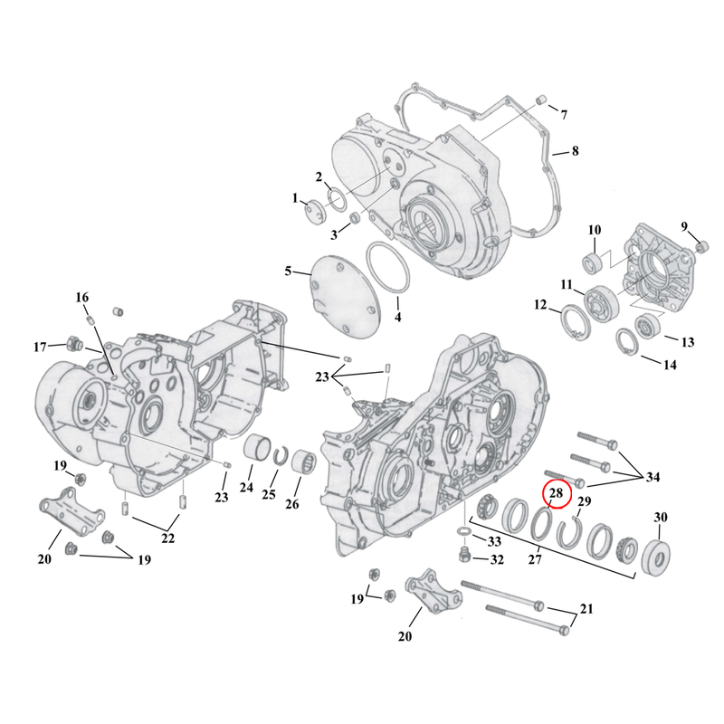 Crankcase Parts Diagram Exploded View for 91-03 Harley Sportster 28) 77-03 XL. Trust washer, sprocket shaft bearing. .100". Replaces OEM: 9142