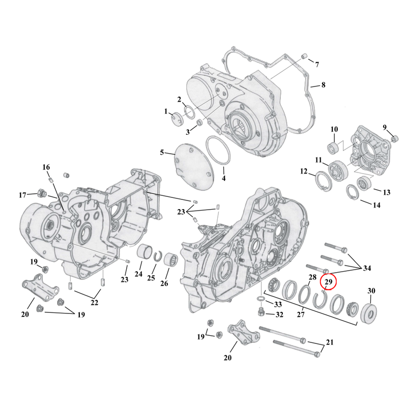 Crankcase Parts Diagram Exploded View for 91-03 Harley Sportster 29) 91-99 XL. Retaining ring, sprocket shaft bearing. Replaces OEM: 9119A