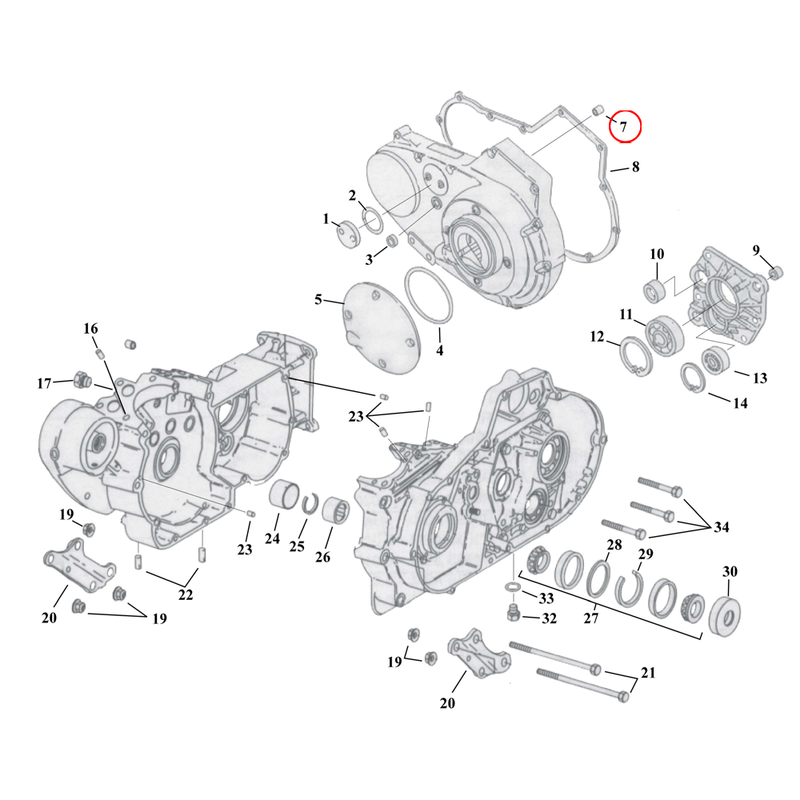 Crankcase Parts Diagram Exploded View for 91-03 Harley Sportster 7) 77-05 XL. Bushing, primary cover. Replaces OEM: 40520-63