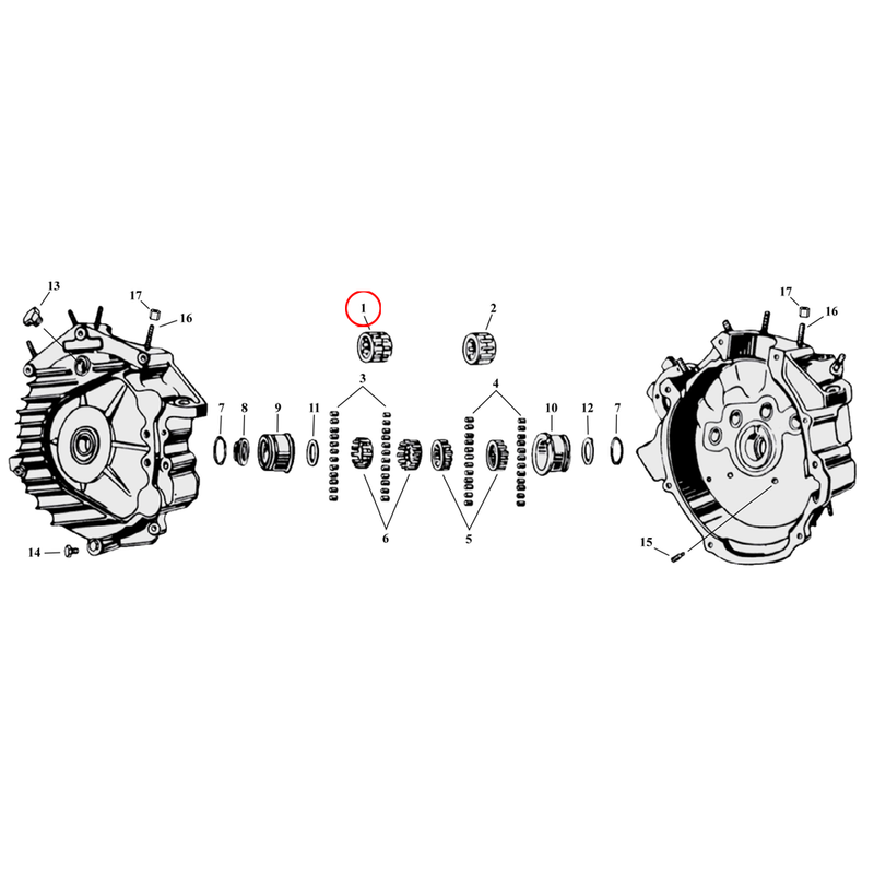 Crankcase Parts Diagram Exploded View for Harley 45" Flathead 1) 32-73 45" SV. Bearing, sprocket shaft (left side). +.0002". Replaces OEM: 24731-29