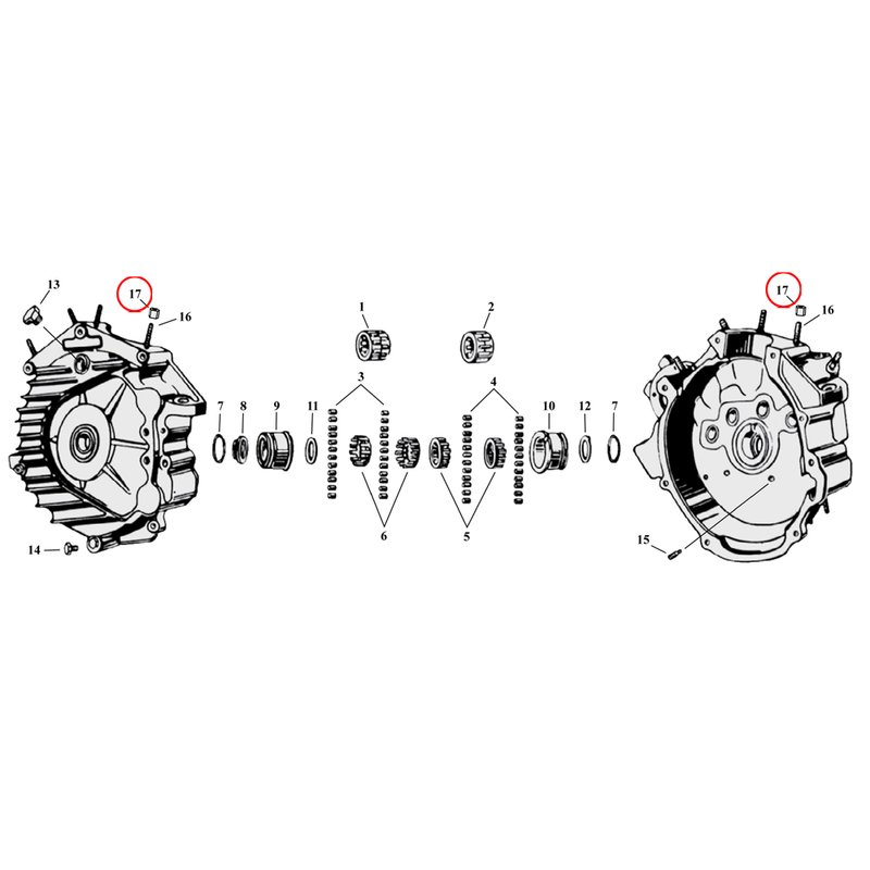 Crankcase Parts Diagram Exploded View for Harley 45" Flathead 17) 30-73 45" SV. Nut, cylinder base. Replaces OEM: 16603-72