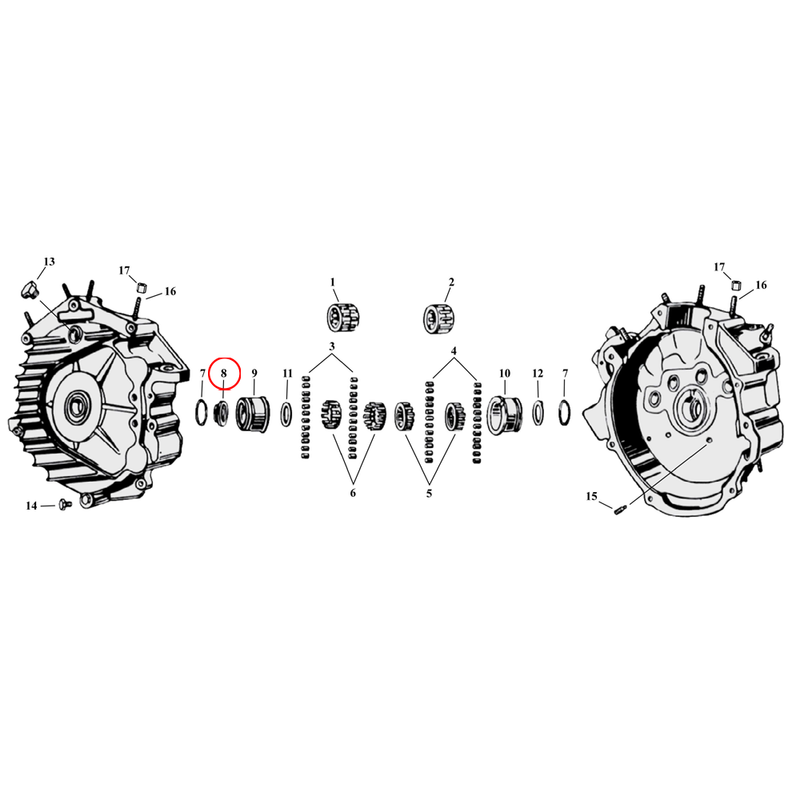 Crankcase Parts Diagram Exploded View for Harley 45" Flathead 8) 39-73 45" SV. Oil slinger. Replaces OEM: 24775-39