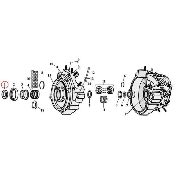 Crankcase Parts Diagram Exploded View for Harley Knuckle / Pan / Shovel / Evo 1) 55-69 Big Twin. Jims 8-piece sprocket shaft spacer kit, .336" to .666".