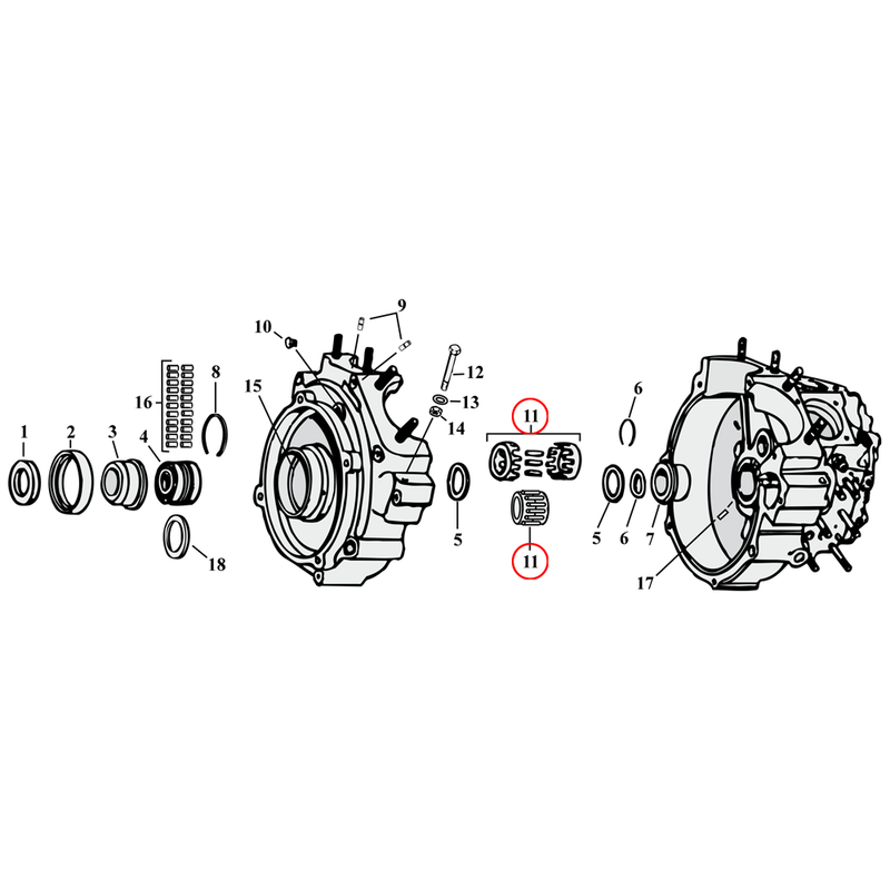 Crankcase Parts Diagram Exploded View for Harley Knuckle / Pan / Shovel / Evo 11) 58-86 Big Twin. Pinion shaft roller & retainer kit (set of 14 standard size rollers). Replaces OEM: 43578-35