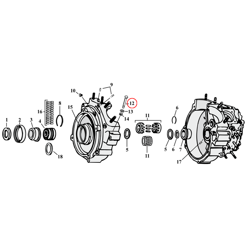 Crankcase Parts Diagram Exploded View for Harley Knuckle / Pan / Shovel / Evo 12) 41-99 Big Twin (excl. rubber mount models). Front engine mount bolts (set of 5). 3/8-24 x 2 3/4". Replaces OEM: 4401W