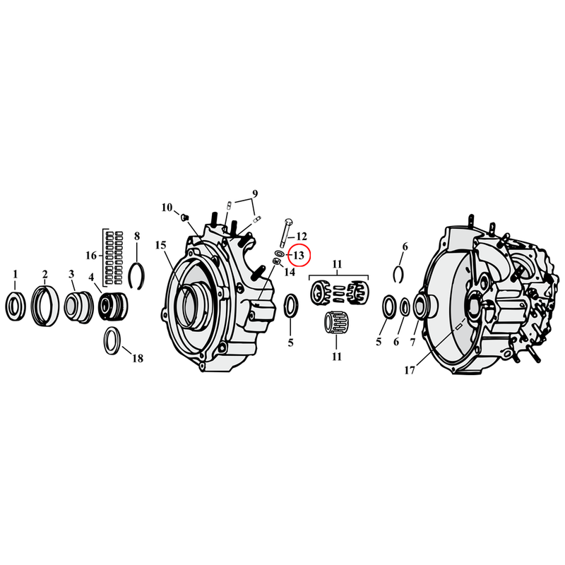 Crankcase Parts Diagram Exploded View for Harley Knuckle / Pan / Shovel / Evo 13) 3/8" flatwasher, chrome (set of 5). Engine mount. Replaces OEM: 6400HB