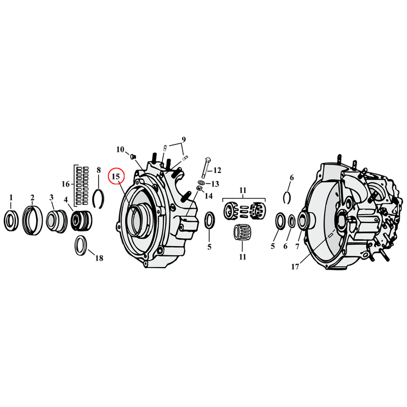 Crankcase Parts Diagram Exploded View for Harley Knuckle / Pan / Shovel / Evo 15) 40-54 Big Twin. Jims crankcase bushing, sprocket shaft (+0.32"). Replaces OEM: 24621-40