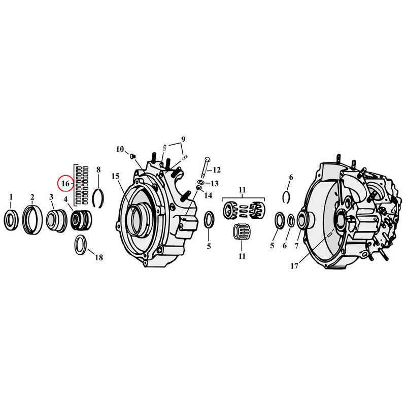 Crankcase Parts Diagram Exploded View for Harley Knuckle / Pan / Shovel / Evo 16) 30-57 Big Twin. Rollers, sprocket shaft (set of 28) (standard size). Replaces OEM: 9220A