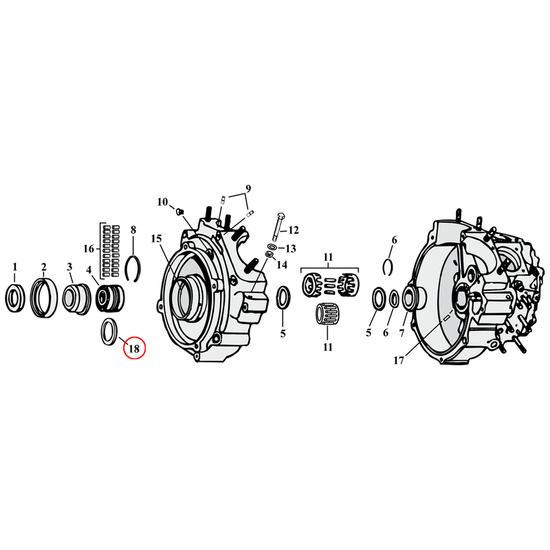 Crankcase Parts Diagram Exploded View for Harley Knuckle / Pan / Shovel / Evo 18) 69-99 Big Twin. Spacer, sprocket shaft bearing .106". Replaces OEM: 9127
