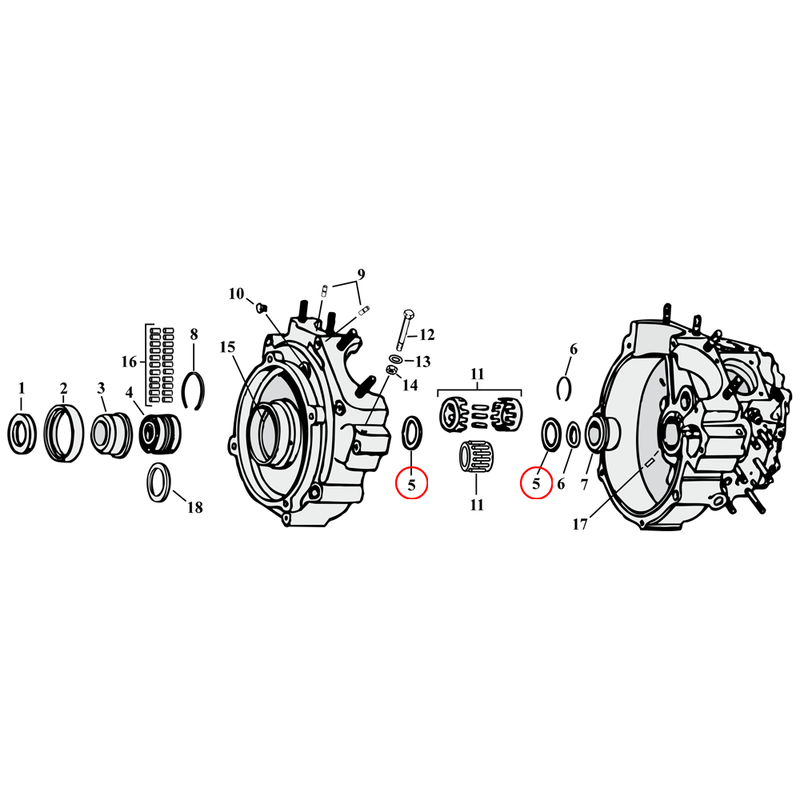 Crankcase Parts Diagram Exploded View for Harley Knuckle / Pan / Shovel / Evo 5) 40-54 Big Twin. Washer, pinion shaft bearing (outer). Replaces OEM: 24690-40