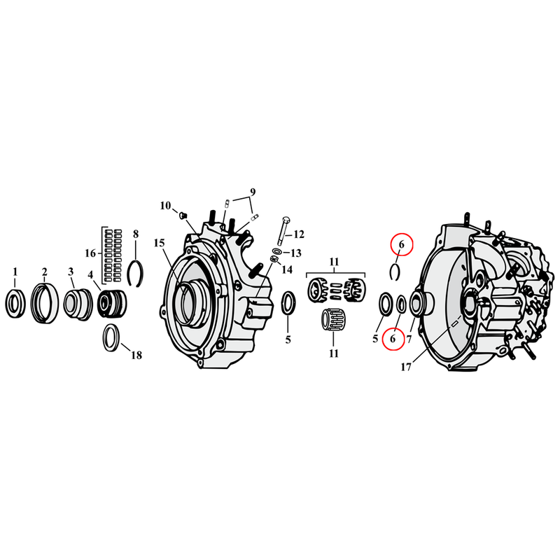Crankcase Parts Diagram Exploded View for Harley Knuckle / Pan / Shovel / Evo 6) 58-86 Big Twin. Retaining ring, pinion shaft bearing. Replaces OEM: 11007