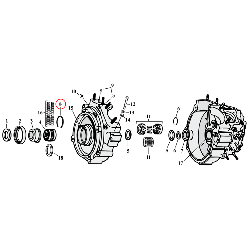 Crankcase Parts Diagram Exploded View for Harley Knuckle / Pan / Shovel / Evo 8) 55-68 Big Twin. Retaining ring, sprocket shaft bearing. Replaces OEM: 24779-55