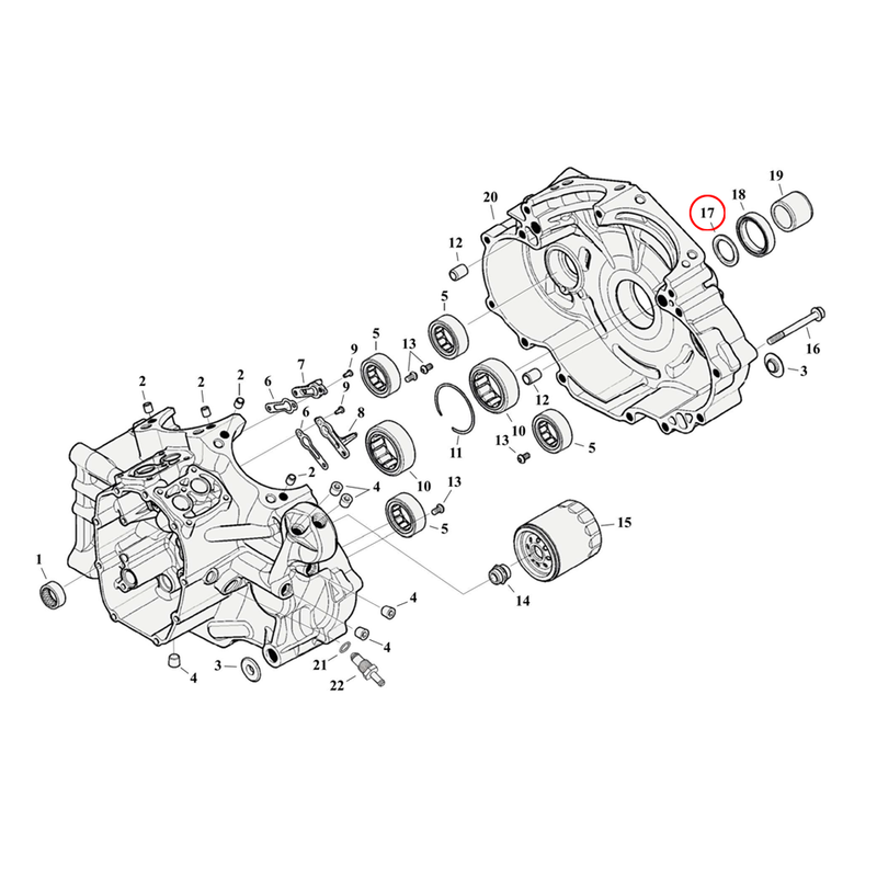 Crankcase Parts Diagram Exploded View for Harley Milwaukee Eight Softail 17) 17-23 M8. Thrustwasher, sprocket shaft bearing. Replaces OEM: 8972