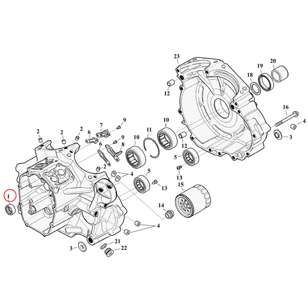 Crankcase Parts Diagram Exploded View for Harley Milwaukee Eight Touring 1) 17-23 M8. S&S Needle bearing, camshaft. Replaces OEM: 9215