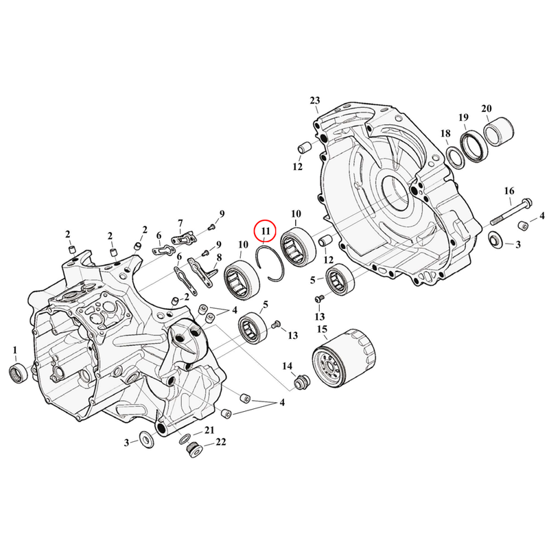 Crankcase Parts Diagram Exploded View for Harley Milwaukee Eight Touring 11) 17-23 M8. Retaining ring, internal. Replaces OEM: 35114-02