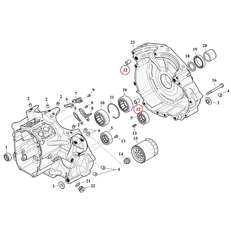 Crankcase Parts Diagram Exploded View for Harley Milwaukee Eight Touring 12) 17-23 M8. Dowel pin, case to case. Replaces OEM: 16574-99A