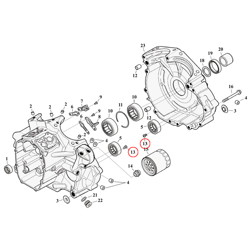 Crankcase Parts Diagram Exploded View for Harley Milwaukee Eight Touring 13) 17-23 M8. Balancer bearing lock bolts. Torx button head screw, 1/4-20. Replaces OEM: 703B